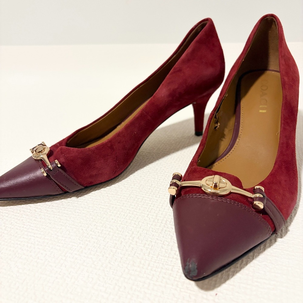 Coach Womens Burgundy Suede Leather Pointed Toe Turnlock Kitten Heel Pumps 8B